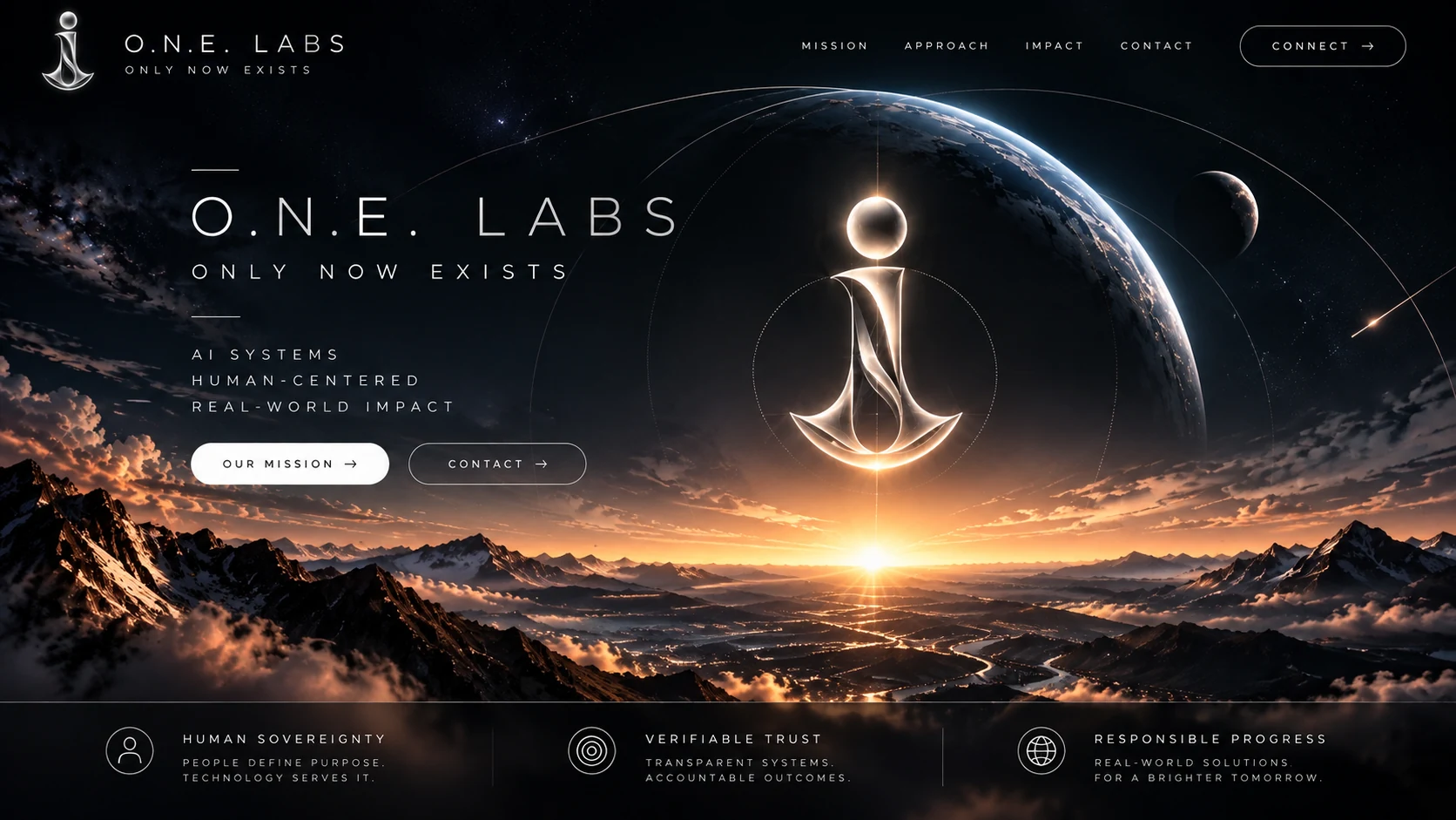 O.N.E. Labs concept artwork: a luminous emblem over a sunrise mountain landscape beneath planets and orbital paths